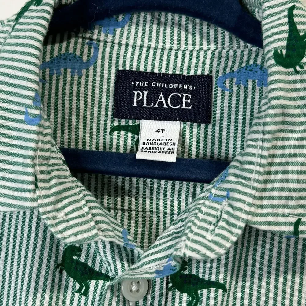 Children's Place Boys Green Striped Dinosaur Button Down Size 4T